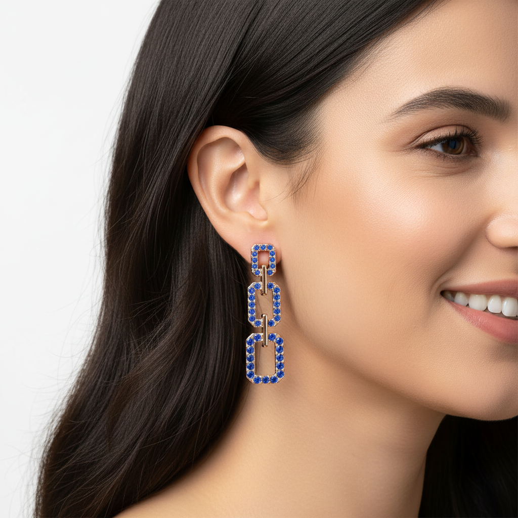 Blue Crystal Chain Link Drop Earrings - Two