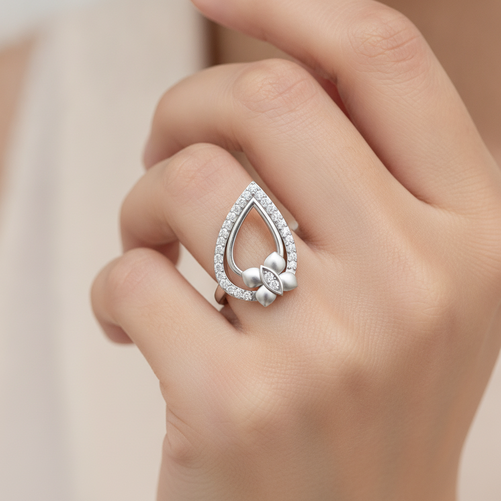 Butterfly Droplet Shaped Diamond Ring In 925 Sterling Silver - Fourteen