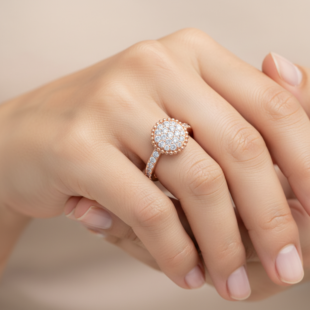 Lab-Grown Diamond Halo Cluster Ring In Rose Gold – Round Floral Diamond Ring With Pave Band | Jebij - Two