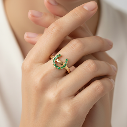 Emerald Horseshoe Ring With Pav Stones - Two