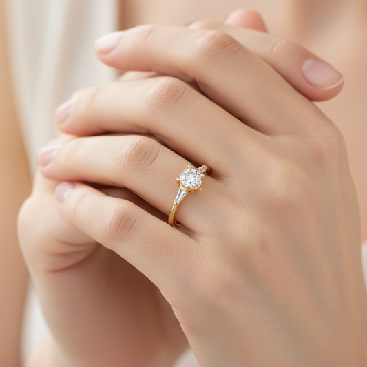 Yellow Gold Three Stone Princess Cut Diamond Engagement Ring with Baguette Accents