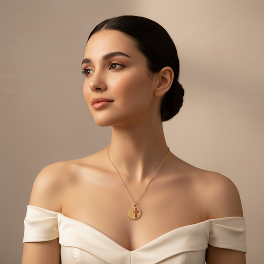 Ruby Cross Disc Pendant Necklace With Chain - Five