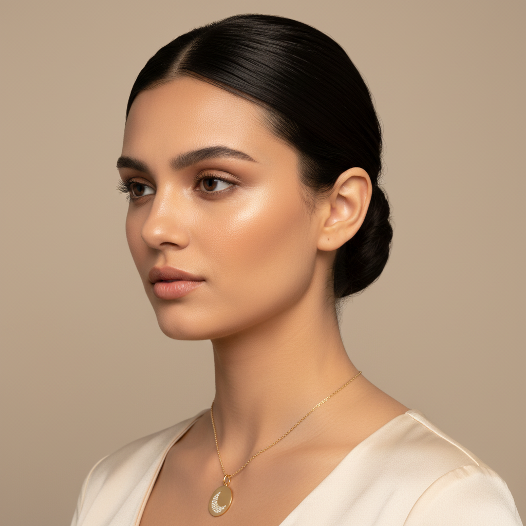 Pav Crescent Moon Disc Pendant Necklace - Five