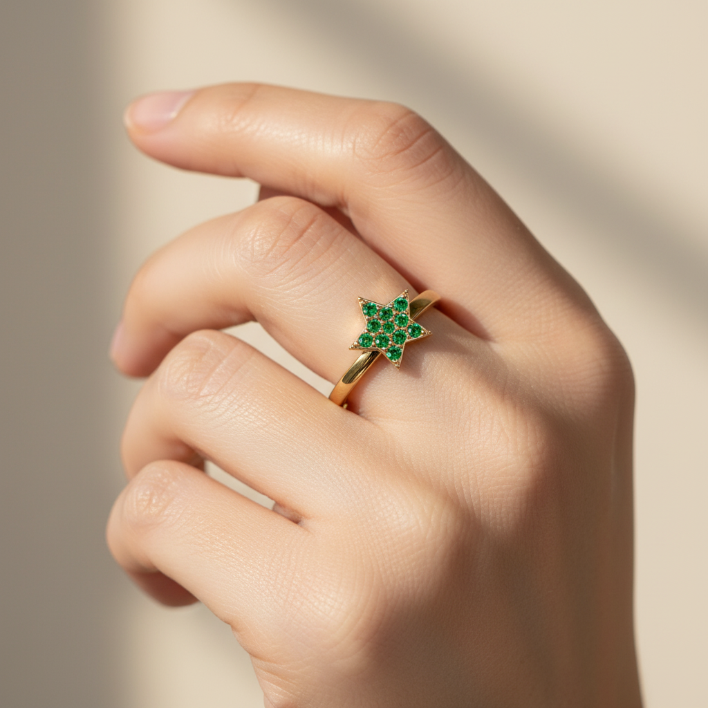 Emerald Star Cluster Ring With Pav Gemstones - Two