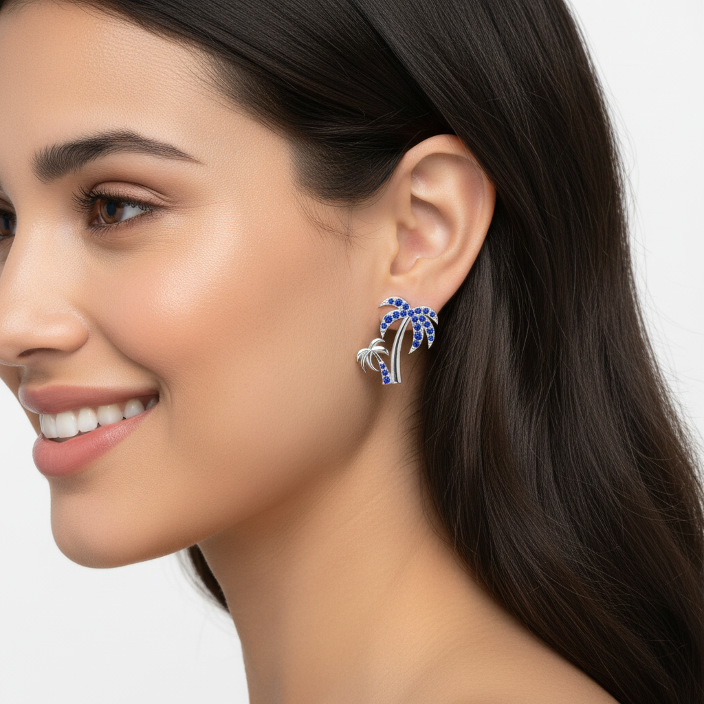 Blue Crystal Palm Tree Stud Earrings - Two