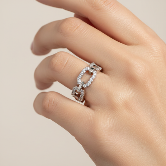 Diamond Chain Link Ring In White Gold | Circular Center Double Row Luxury Statement Ring For Women | Jebij - Two