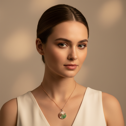 Sunburst Disc Pendant Necklace With Green Emerald Stones - Two