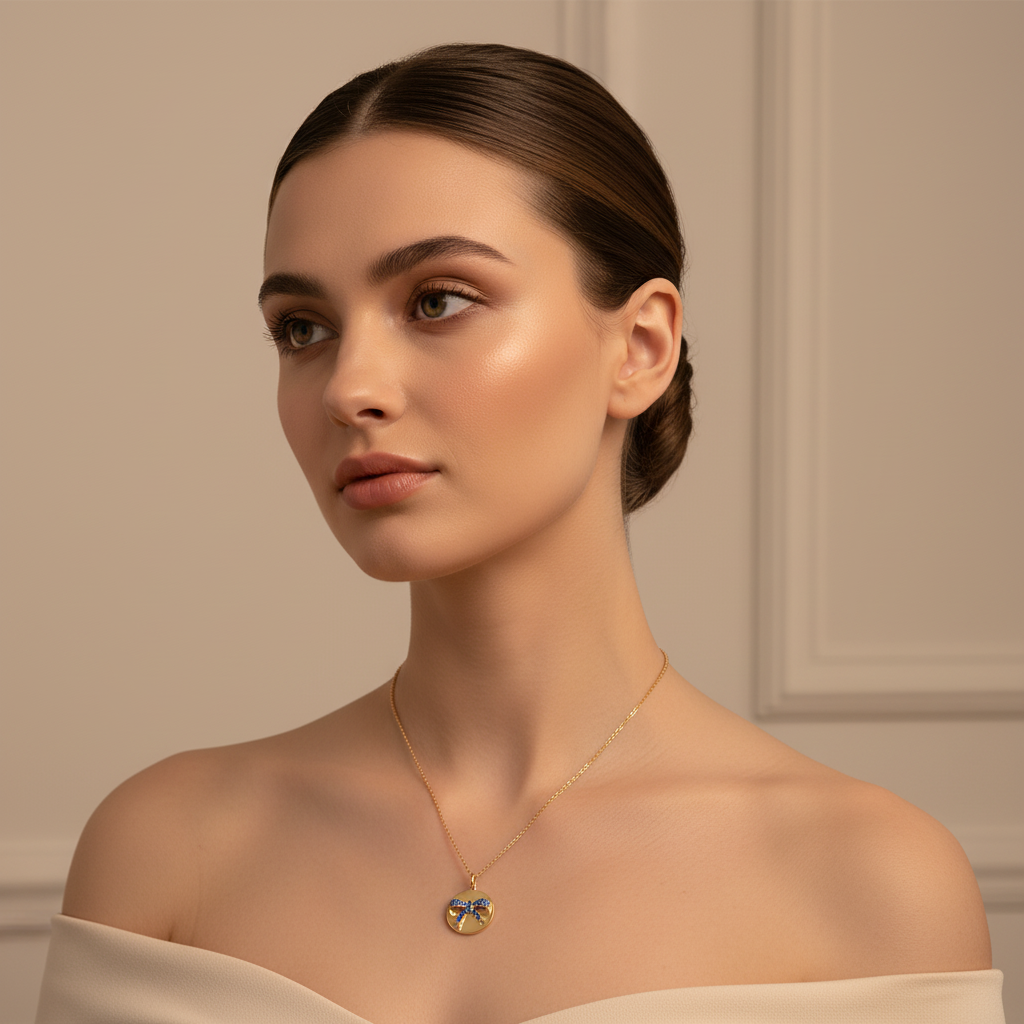 Blue Crystal Bow Disc Pendant Necklace - Five