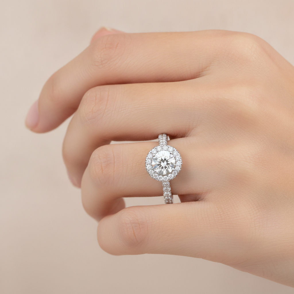 Titan Classic Halo Diamond Engagement Ring In 925 Sterling Silver - Fourteen