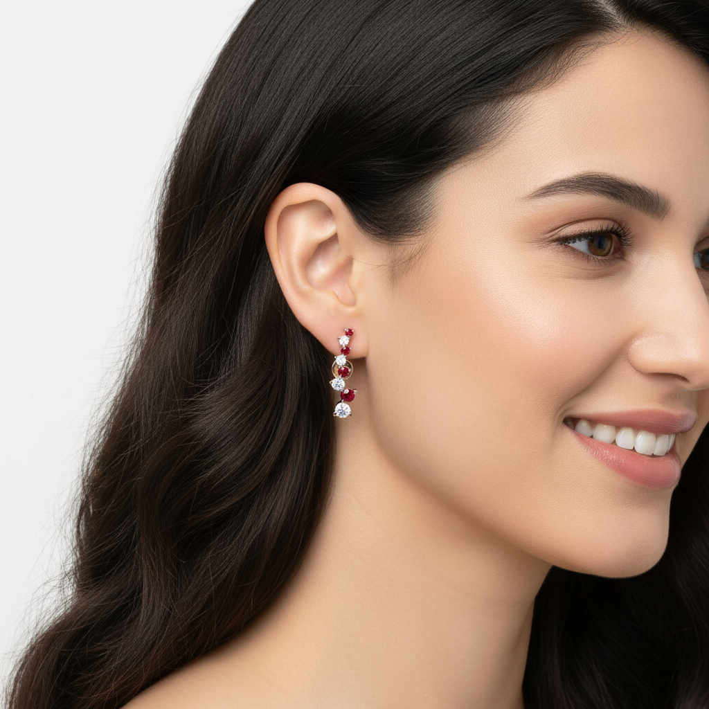 Rose Gold Emerald And Diamond Curved Climber Earrings - Two