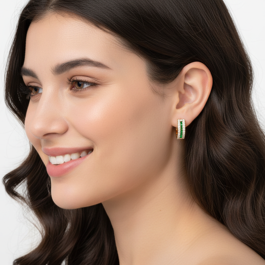 Gemstone And Diamond Three Row Huggie Hoop Earrings In Yellow Gold - Two