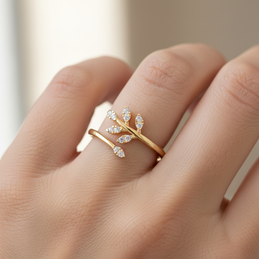 Delicate Leaf Vine Wrap Ring With Sparkling Stones - Two