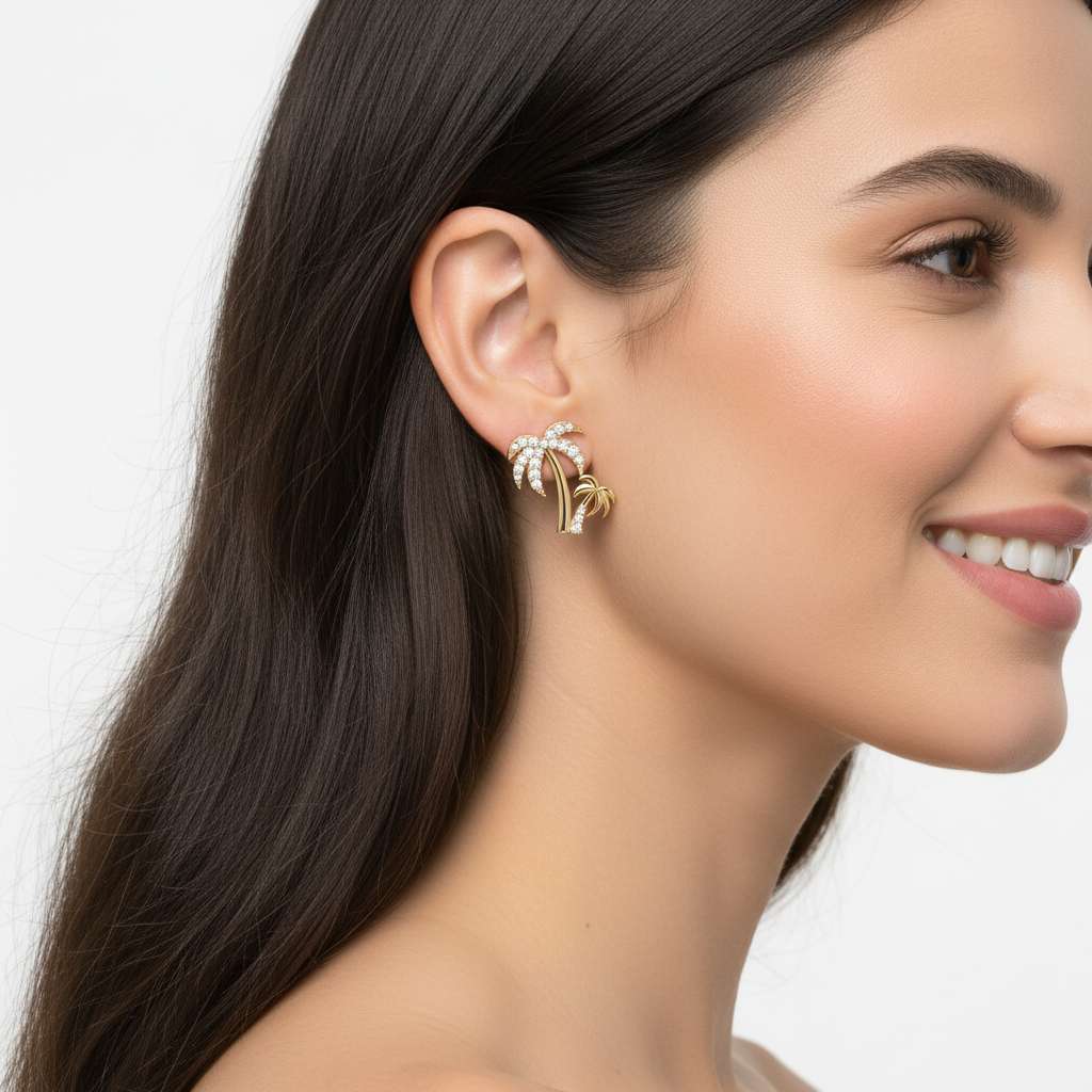 Palm Tree Crystal Stud Earrings With Screw Back Closure - Two