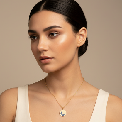 Blue Sapphire Crescent Moon Disc Pendant Necklace - Five
