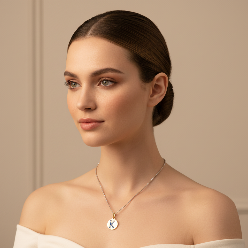 Personalized K Letter Pendant Necklace In White Gold With Blue Stones - Two