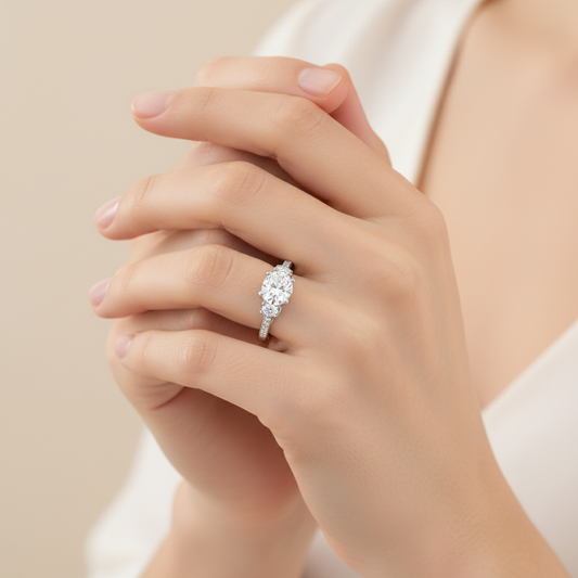 White Gold Three Stone Diamond Engagement Ring with Pave Band