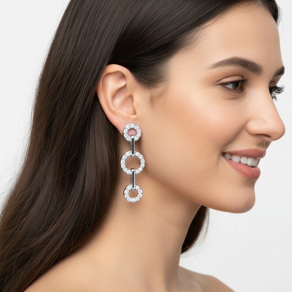 Triple Circle Link Drop Earrings With Pav Crystals - Two