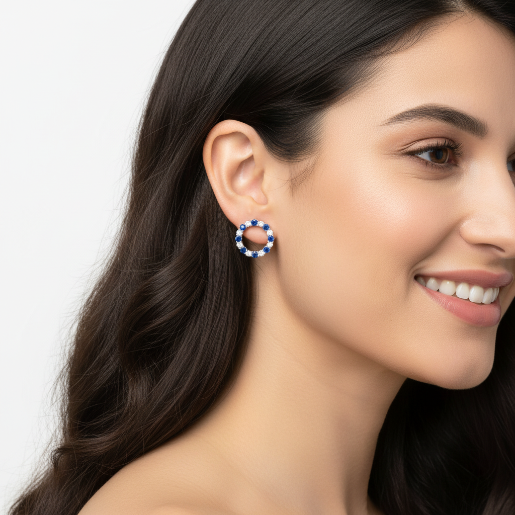 Blue And White Sapphire Circle Stud Earrings In White Gold - Two