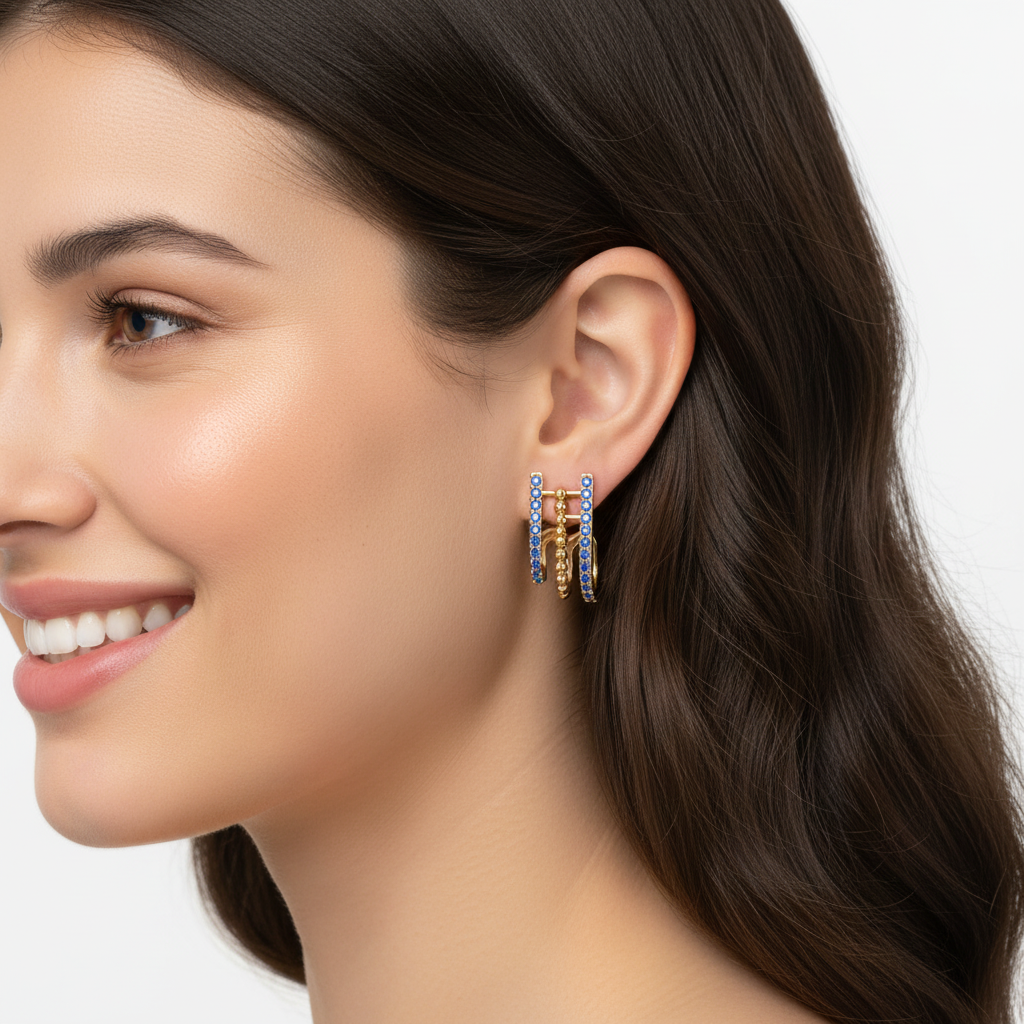 Blue Sapphire Multirow Curved Bar Stud Earrings - Two