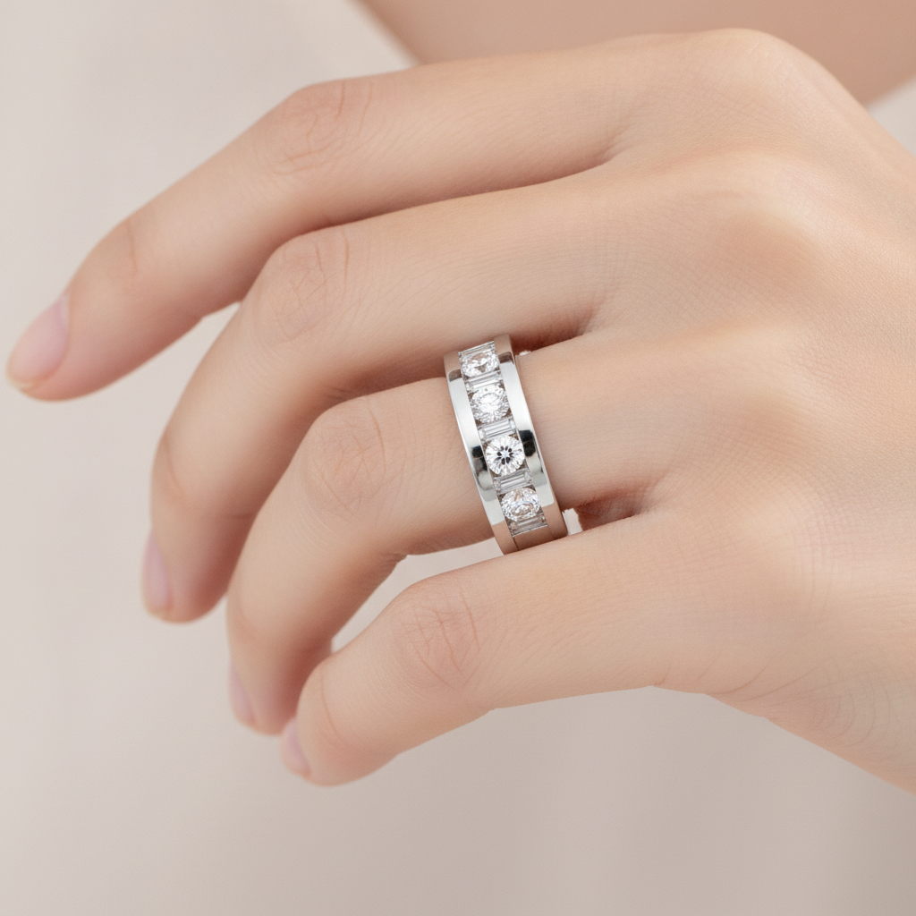Besotted Dazzle Four Stone Band In 925 Sterling Silver - Fourteen
