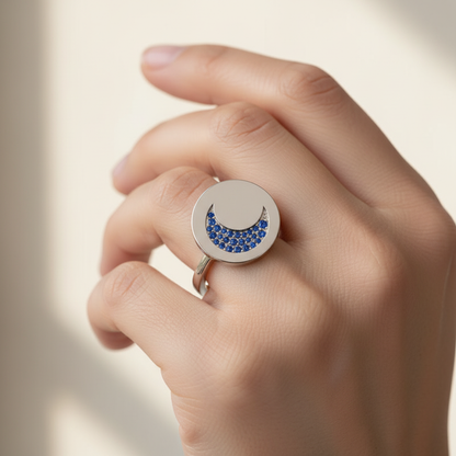 Blue Sapphire Crescent Moon Disc Ring - Two