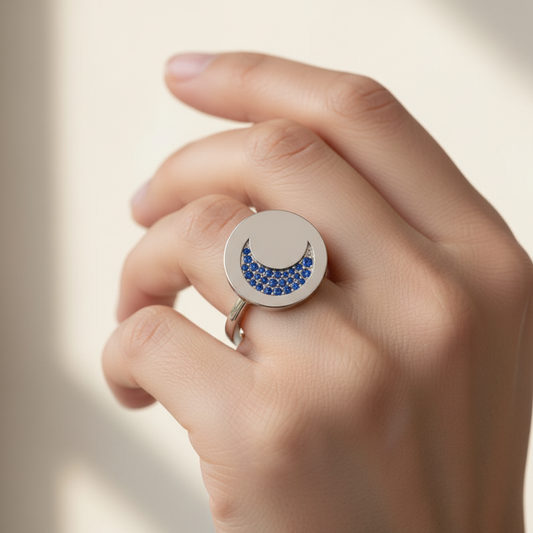 Blue Sapphire Crescent Moon Disc Ring - Two