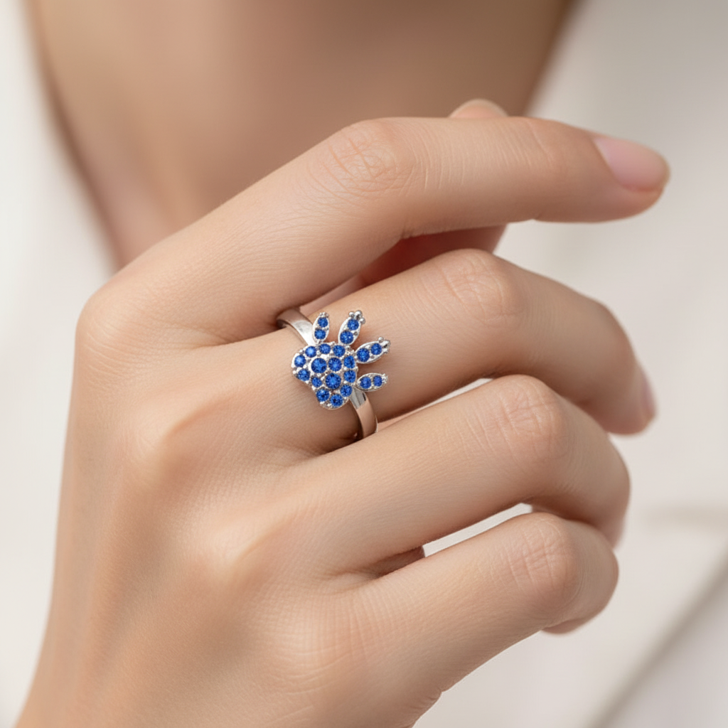Blue Sapphire Paw Print Ring For Pet Lovers - Eight