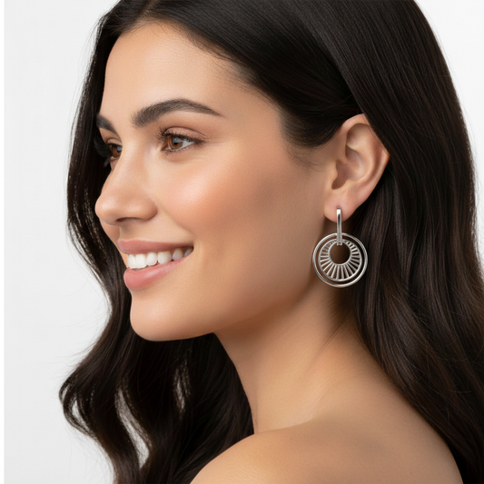 Gold Double Circle Drop Earrings with Sunburst Design 16mm Dangle Earrings