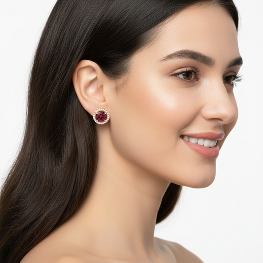 Ruby Red Round Halo Stud Earrings With Screw Back - Two