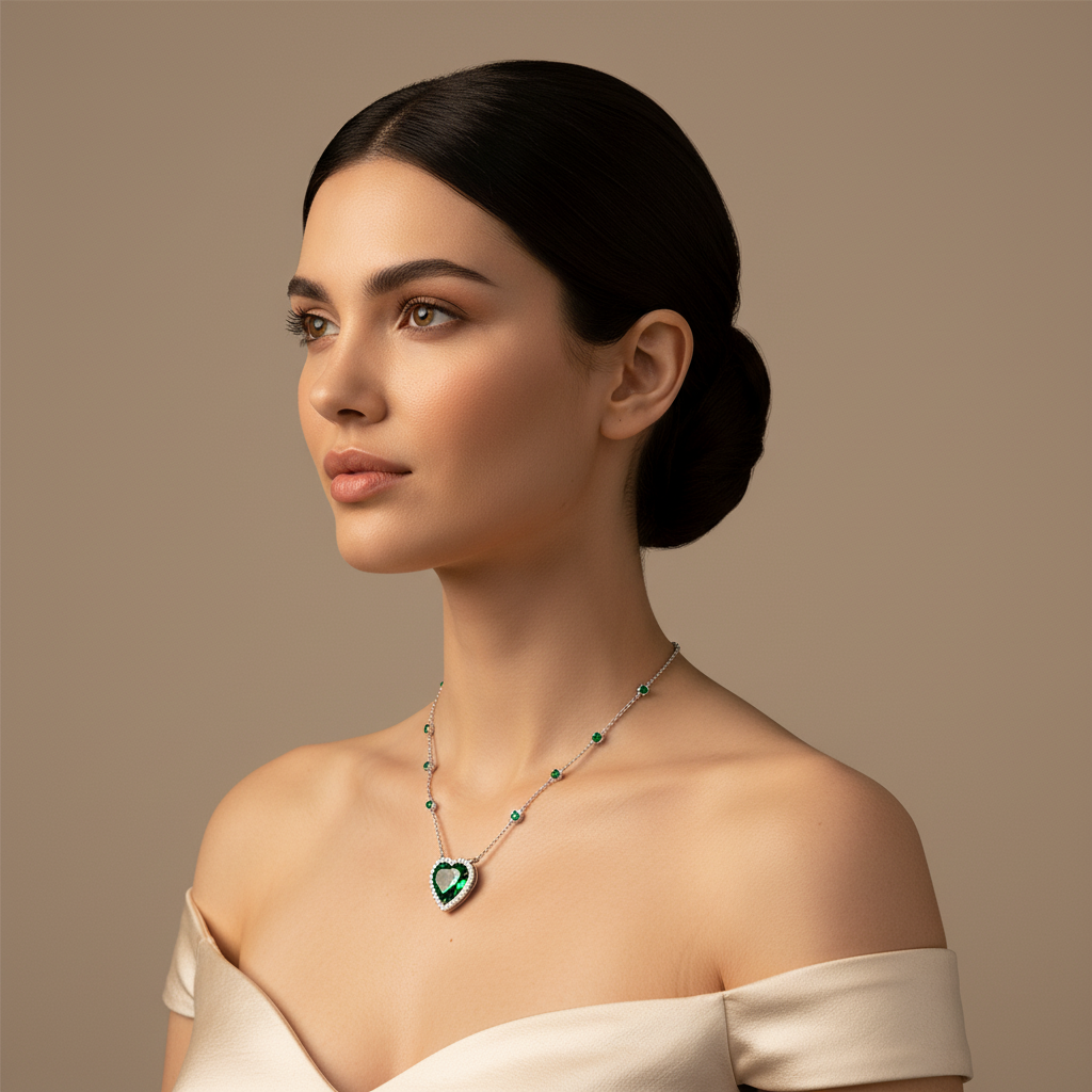 Bezel Set Emerald Heart Pendant Necklace - Five