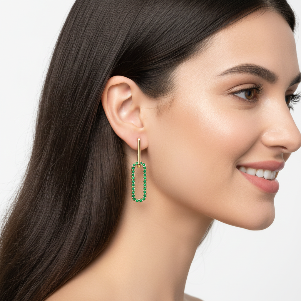 Emerald Rectangular Drop Earrings With Bar Studs - Two