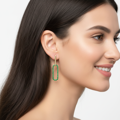 Emerald Rectangular Drop Earrings With Bar Studs - Two