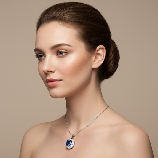 Cushion Cut Blue Sapphire Double Halo Pendant Necklace with Moissanite Accents In 925 Silver