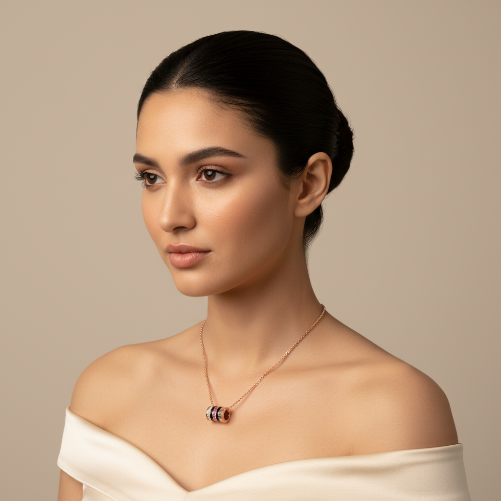 Rose Gold Multi-Band Barrel Pendant Necklace With Diamond, Red Gemstone & Enamel | Jebij - Two