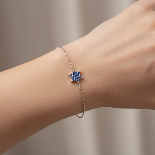 Blue Sapphire Star Pendant Bracelet With Chain Link Design - Two