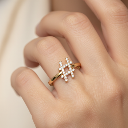 Diamond Hashtag Symbol Ring With Pav Stones - Two