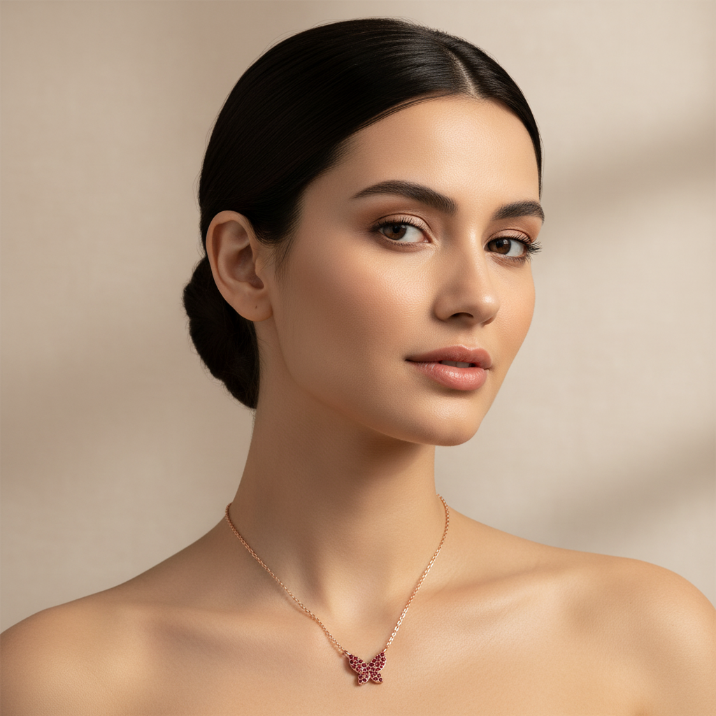 Ruby Butterfly Pendant Necklace With Beaded Chain - Three
