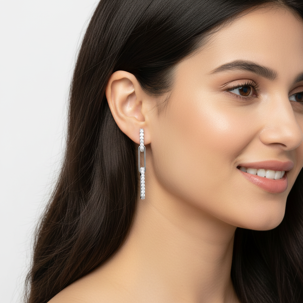Pav Diamond Linear Drop Earrings With Safety Pin Design - Two