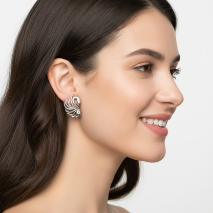 Gold Feather Stud Earrings With Peacock Accent - Two