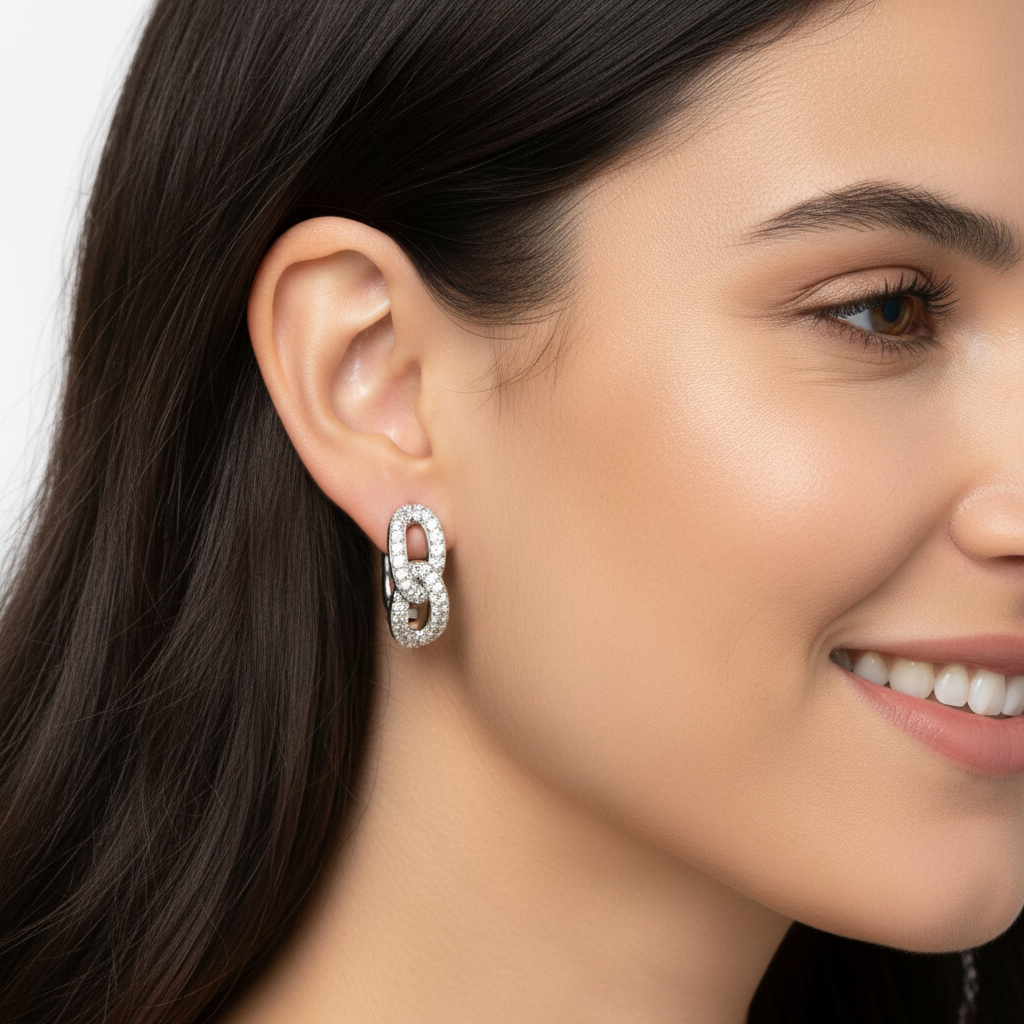 Pav Chain Link Hoop Earrings - Two