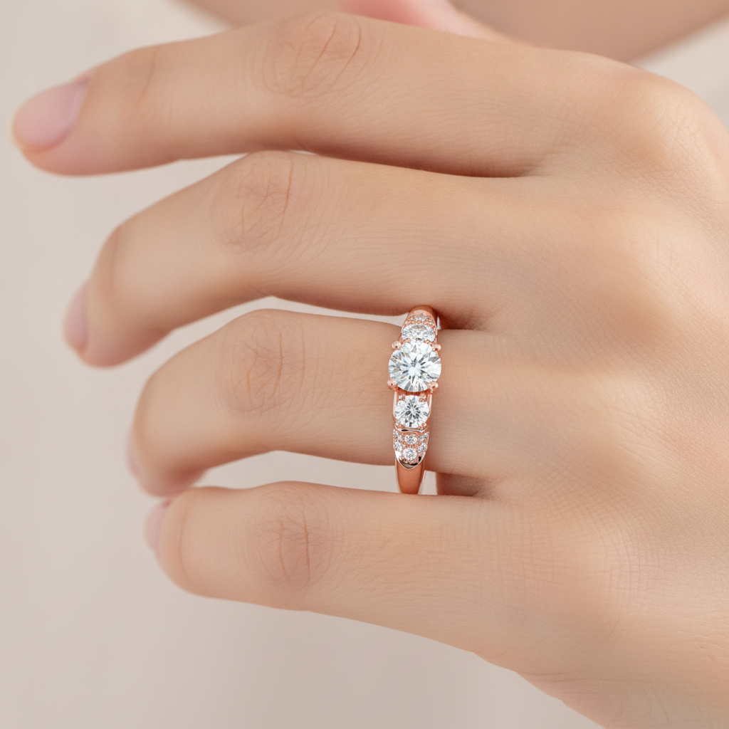 Phile Three Stone Diamond Engagement Ring In 925 Sterling Silver - Fourteen