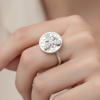 Honeycomb Bee Ring With Pav Diamond Accents - Two