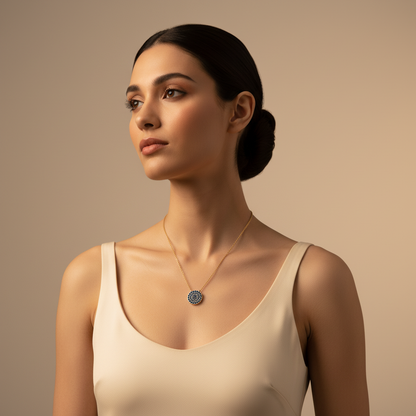 Blue Sapphire Pav Circle Disc Pendant Necklace - Two