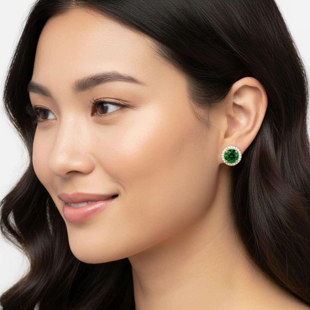 Emerald Green Round Halo Stud Earrings With Screw Back - Two