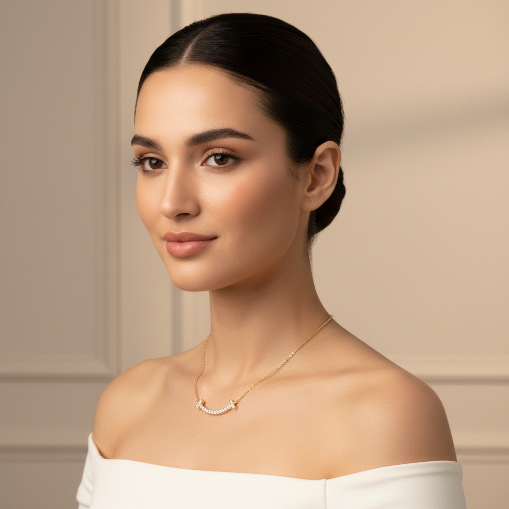 Curved Bar Smile Necklace With Pav Crystals - Two