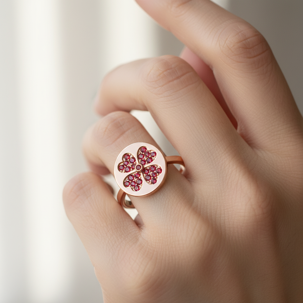 Ruby Clover Disc Ring With Pav Flower Design - Two