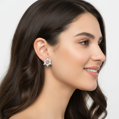 Starburst Diamond Halo Stud Earrings With Screw Back - Two