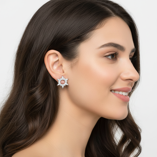 Starburst Diamond Halo Stud Earrings With Screw Back - Two