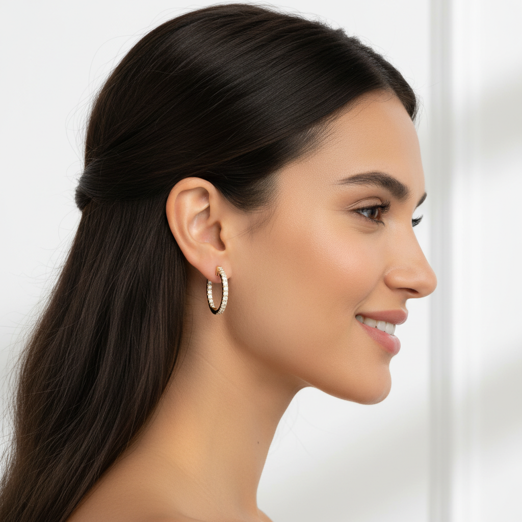 Yellow Gold Diamond Hoops With Stone Setting Large Size