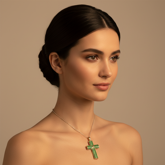 Emerald Pav Cross Pendant Necklace - Two
